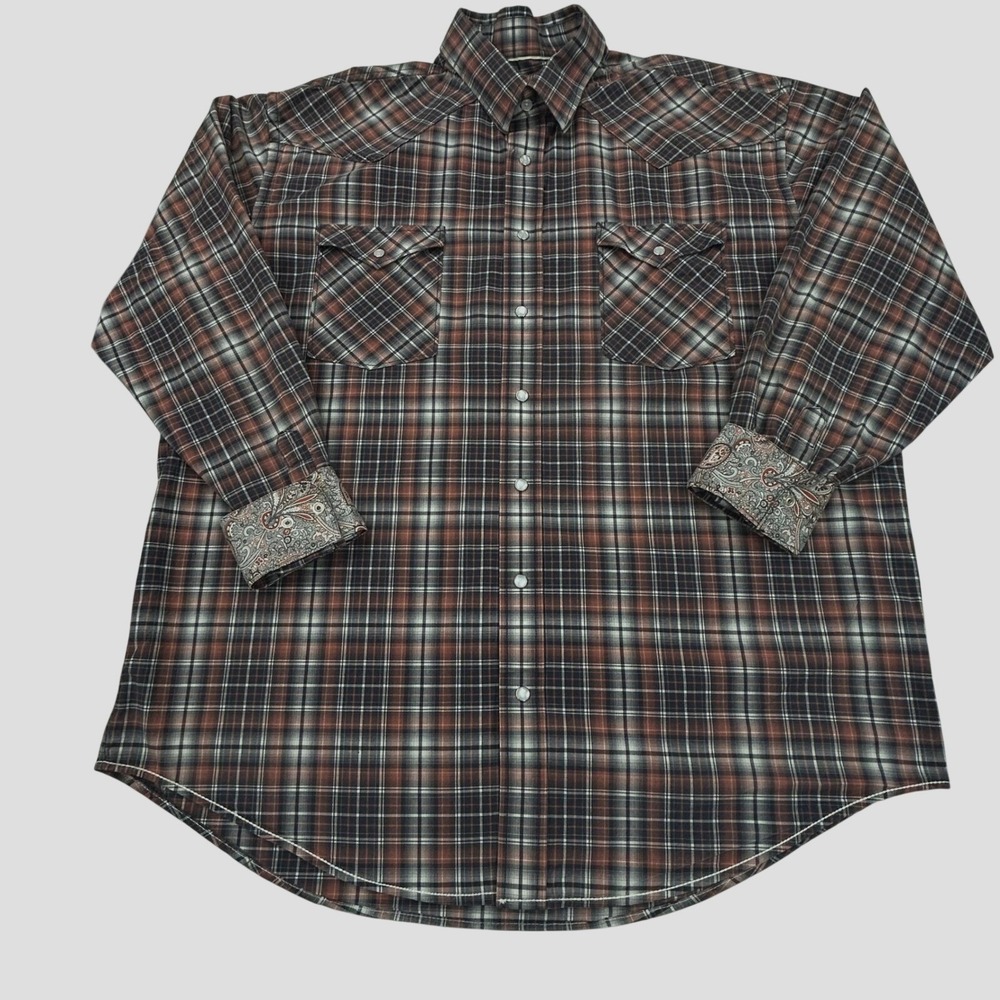 Panhandle Rough Stock Western Shirt Mens‎ XL Pearl Snap Front Brown Plaid Cowboy